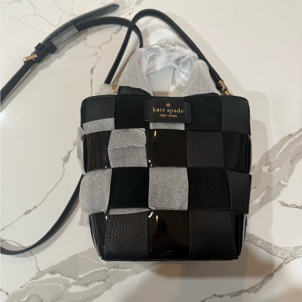Kate Spade Black Basket Woven Mixed Media Leather Mini Tote Crossbody Bag
